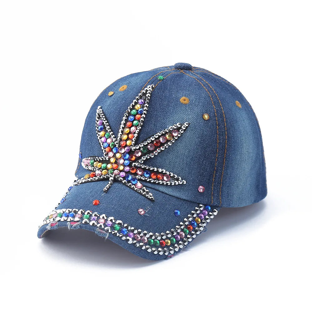 Baseball Cap Denim Distressed Rhinestone Bling Sparkle Hip Hop Hat
