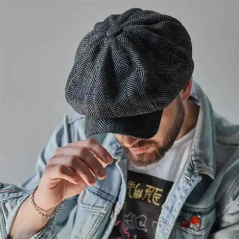 Men Retro Beret British Hats Wool Blend Vintage Herringbone Tweed Men