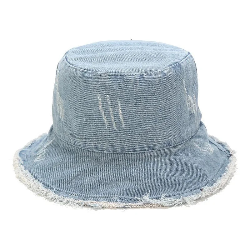 Denim Hole Burrs Flat Top Collapsible Fisherman Hat