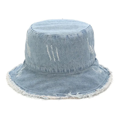 Denim Hole Burrs Flat Top Collapsible Fisherman Hat