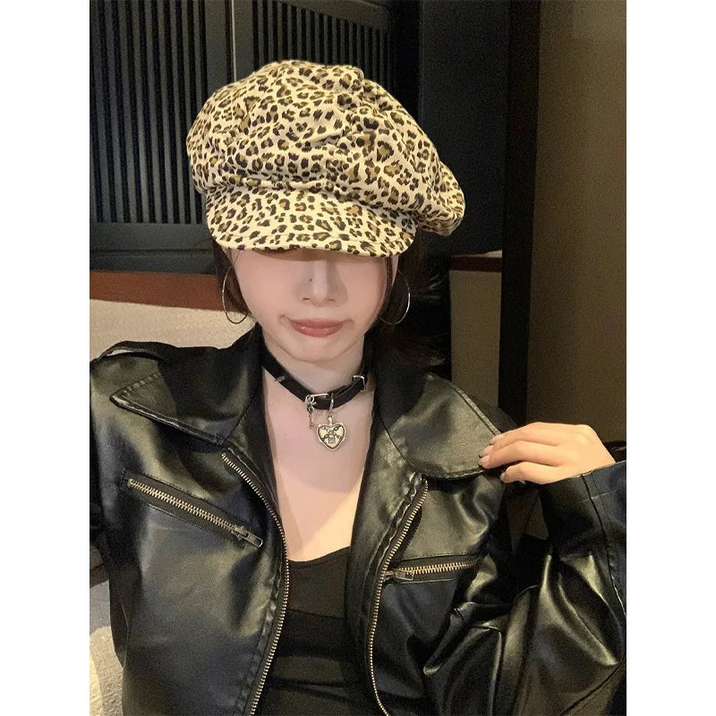 Y2K British Leopard Berets Vintage Octagonal Cap