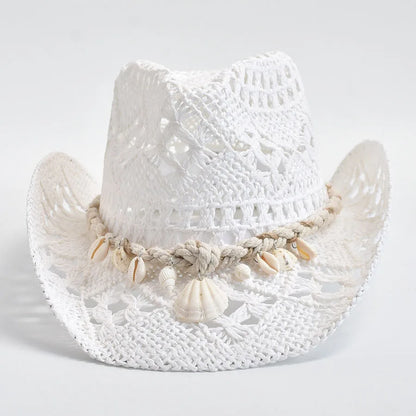 Summer Hand Woven Straw Hat For Women Shell Decoration Holiday Beach Sun Hat