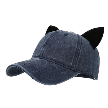 Washed Retro Cat Ear Baseball Cap Women