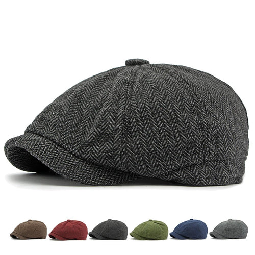 Twill Flat Cap For Men Women Herringbone Newsboy Caps British Style Octagonal Hat