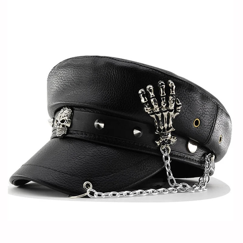 Fashion PU Leather Women Beret Punk Style Vintage Flat Top Military Caps