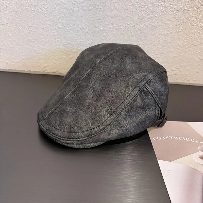 American Retro Leather Plain Baker Boy Hat For Women Autumn Winter Unisex Beret