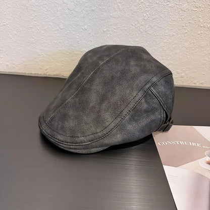American Retro Leather Plain Baker Boy Hat For Women Autumn Winter Unisex Beret