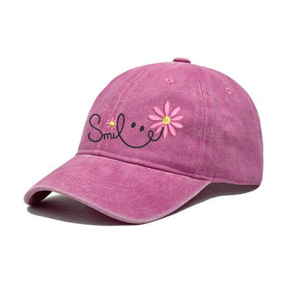 Sweet Daisy Flower Smile Embroidery Washed Cotton Hat