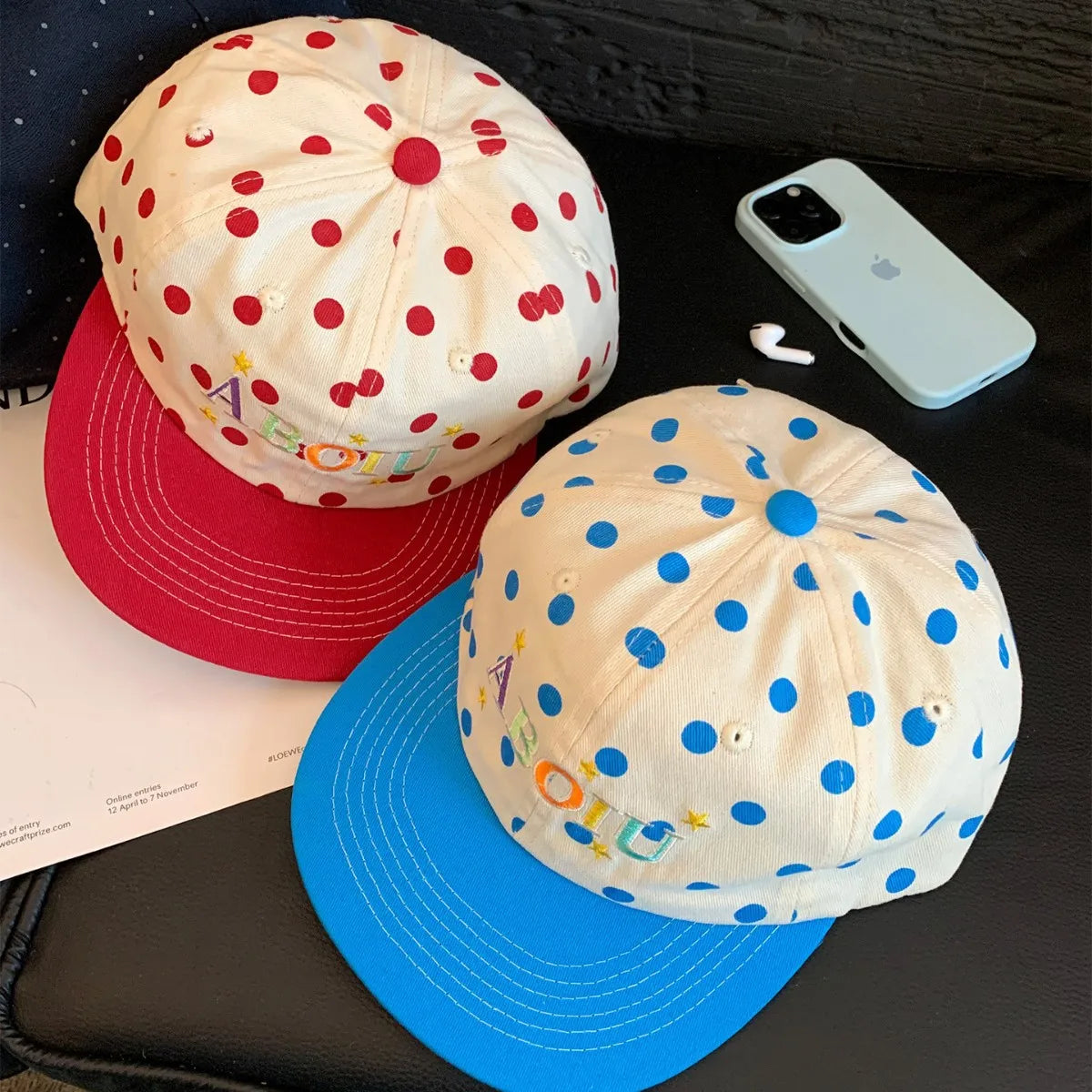 Korean Polka Dot Letter Embroidery Color Blocking Flat Brim Hip Hop Hat for Men and Women