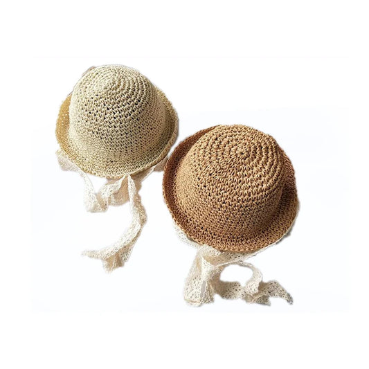Summer Korean Baby Boy Girl Straw Hats Lace Strap Crochet Children
