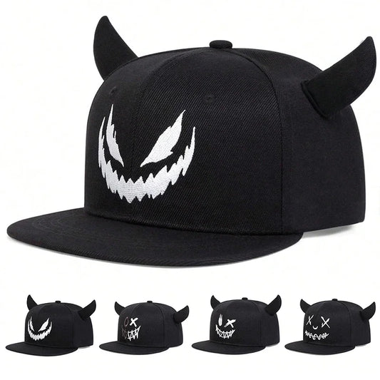 Unisex Smiling Face And Cow Horn Personality Hip-hop Hats Spring Autumn