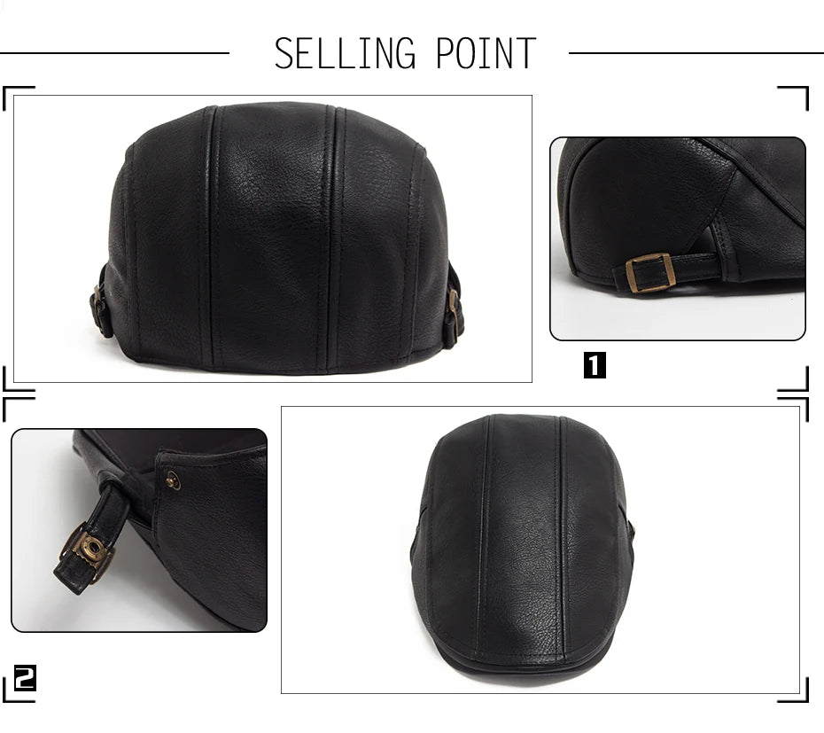 Fashion Men PU Leather Beret Autumn Winter Visor Flat Cap Thicken Warm Hat