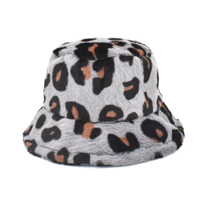 Winter Bucket Hat Women's Fashion Leopard Panama Warm Hats Female Vintage