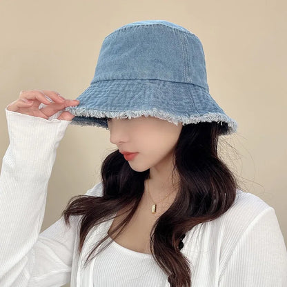 Vintage Denim Bucket Hat Distressed Frayed Brim