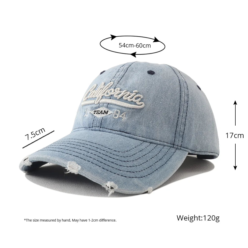New Korean Washed Distressed Denim Jeans Ripped Baseball Cap