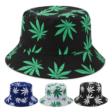 Unisex Double-sided Versatile Travel Sun Hats Fashionable Printed Flowerpot Hats Maple Leaf Fisherman Hat Black Color Simple Hat