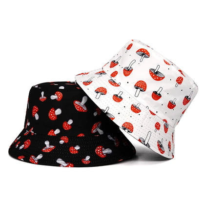 Unisex Hats Sun Shading Fishing Sun Hats Fashion Personalized Verstaile Mushroom Print Double-sided Bucket Hats Outdoor Sports