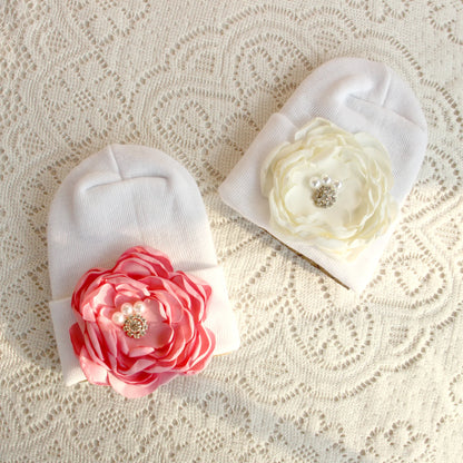 0-6 Months Newborn Knit Baby White Hat Baby Girl Knitted Bonnet Satin Diamond Flower Hat