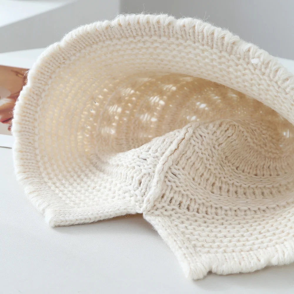 Women Openwork Knitted Bucket Hat Soft Asymmetric Brim Cap
