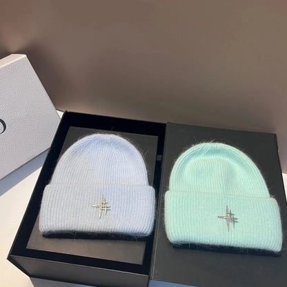Women Luxury Rhinestone Logo Warm Wool Ear Hat