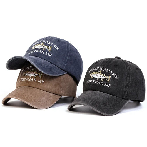 Unisex Fish Embroidery Wash Baseball Caps Spring and Autumn