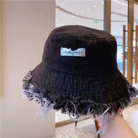 Fashion Tassel Washed Denim Bucket Hats Spring Summer Wide Brim Panama Cap Women