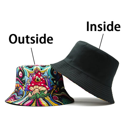 Bucket Hat Cartoon Mushroom Psychedelic Print Pattern Fisherman Hats Double Sides Caps