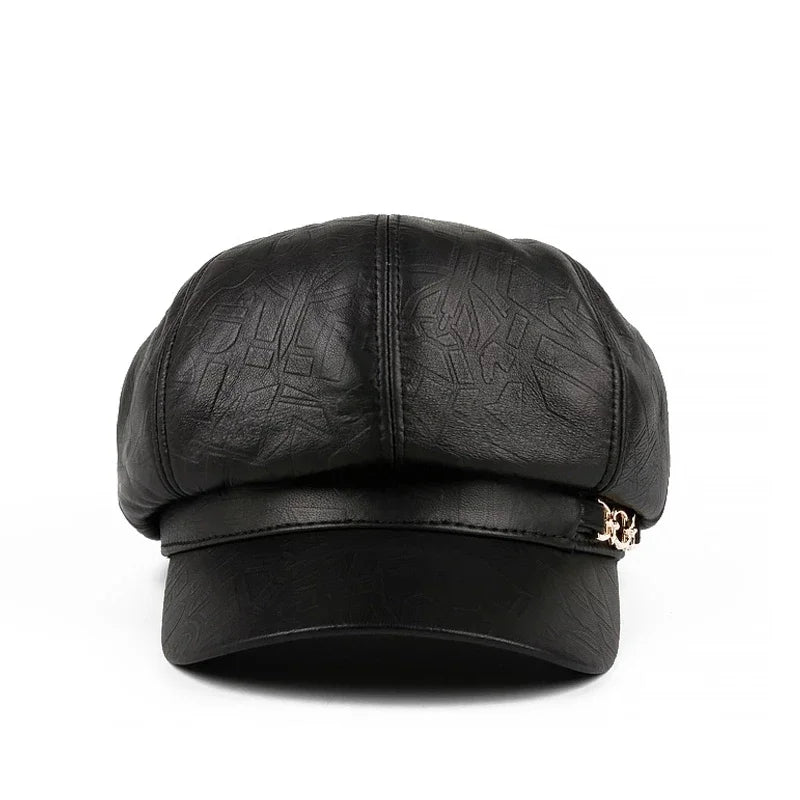 Harajuku Women Spring Octagonal Hat Female British Retro Genuine Leather Beret Caps