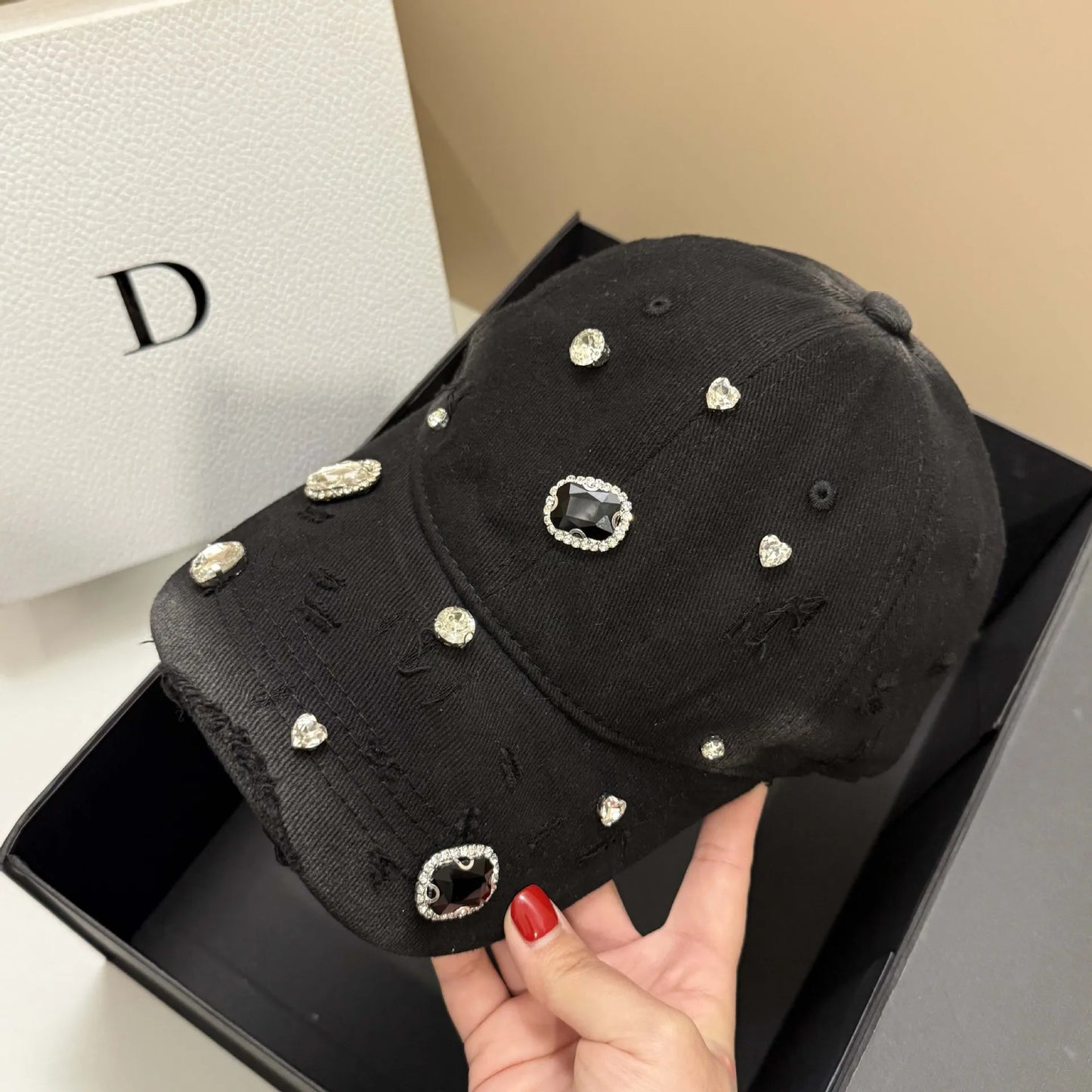 Luxury Rhinestone Hole Cotton Washed Baseball Cap