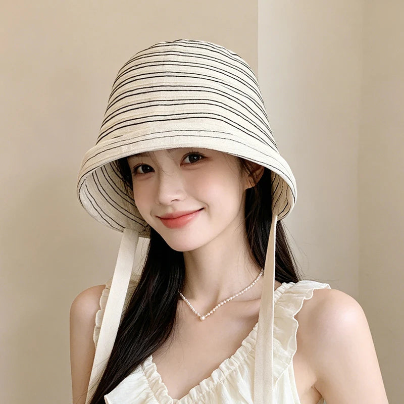 Korean Striped Fisherman Hat Summer Outdoor Travel Sun Hat Japanese Strap Wrapped Around the Brim Sun Hat