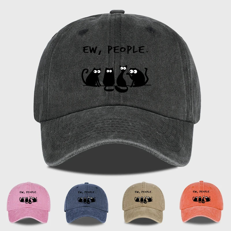 Fun “Ew, People” Cat-Print Washed Baseball Cap