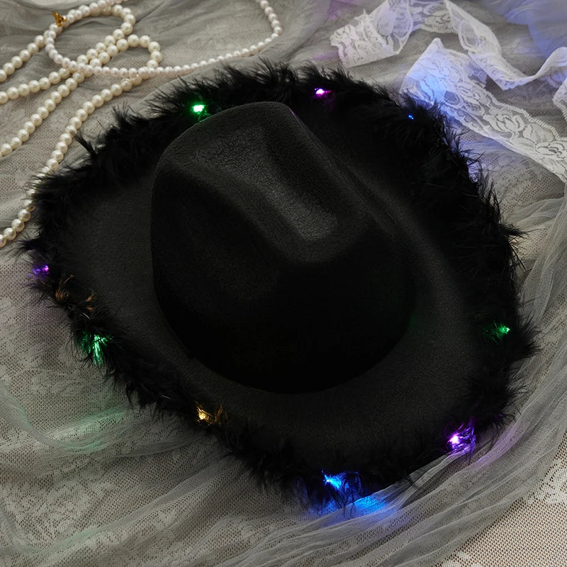 New Felt Party Hats Fashion Cowboy Hat With Colorful Led Light