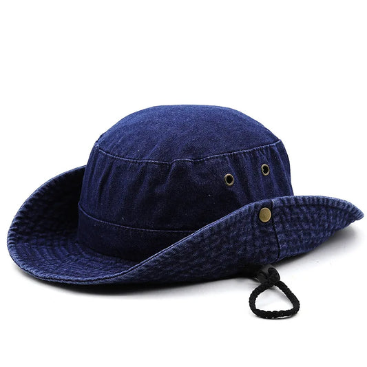 2025 Blue Cowboy Bucket Hat With String Men Denim Beach Sun Hat
