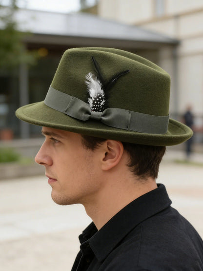 Men's Fedora Hat Felt Feather Decor Western Style Soft Brim Gentleman