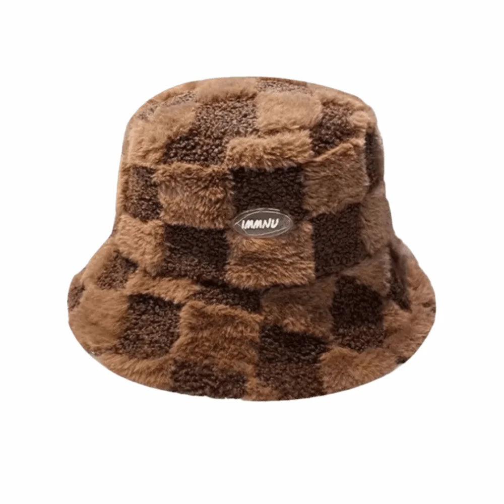 Plaid Checkered Women Bucket Hat Faux Fur Adjustable Checkered Basin Hat