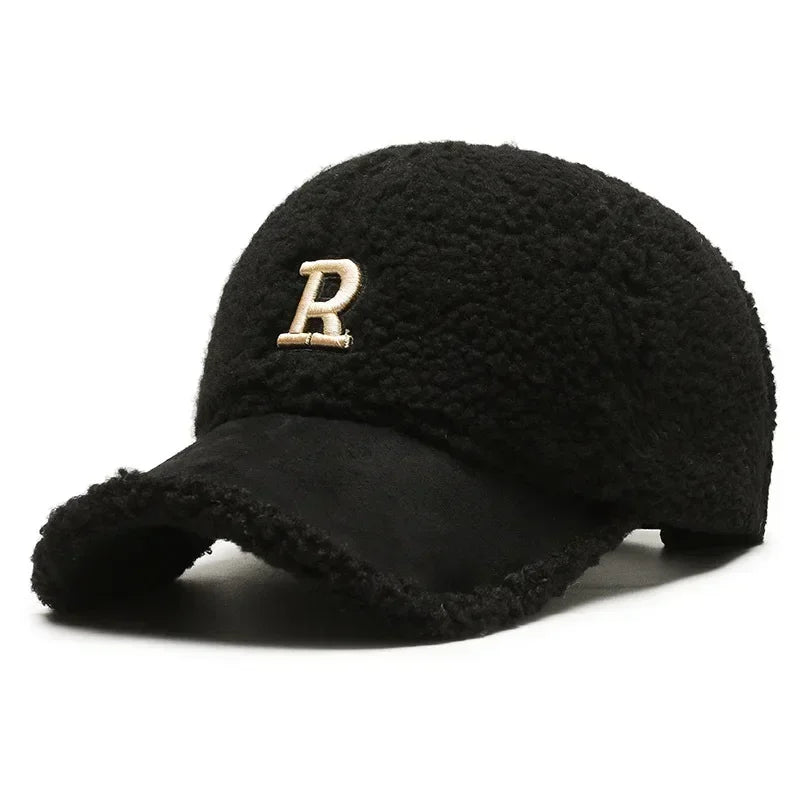Trendy Big Letter Embroidery Men Winter Hats White Brown Lambswool Baseball Cap for Women