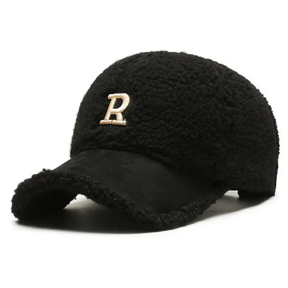 Trendy Big Letter Embroidery Men Winter Hats White Brown Lambswool Baseball Cap for Women