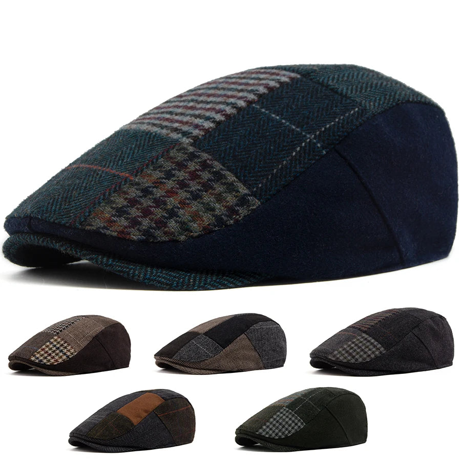 Men Women Patchwork Plaid Beret Vintage Wool Blend Flat Cap