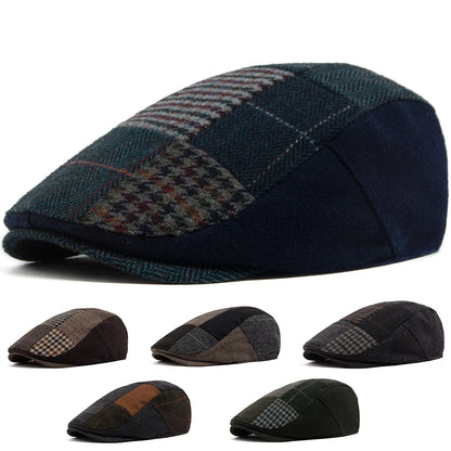 Men Women Patchwork Plaid Beret Vintage Wool Blend Flat Cap