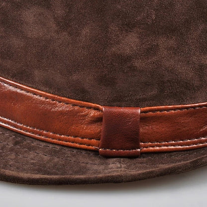 Men Genuine Leather Suede Cow Skin Nubuck Brown Fedoras Hats Women