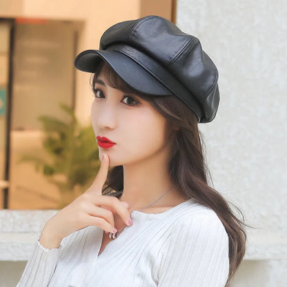 New Women PU Leather Berets Cap Hat