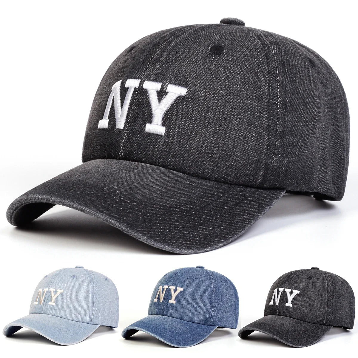 Unisex NY Letter Embroidery Washed Denim Baseball Caps Spring and Autumn