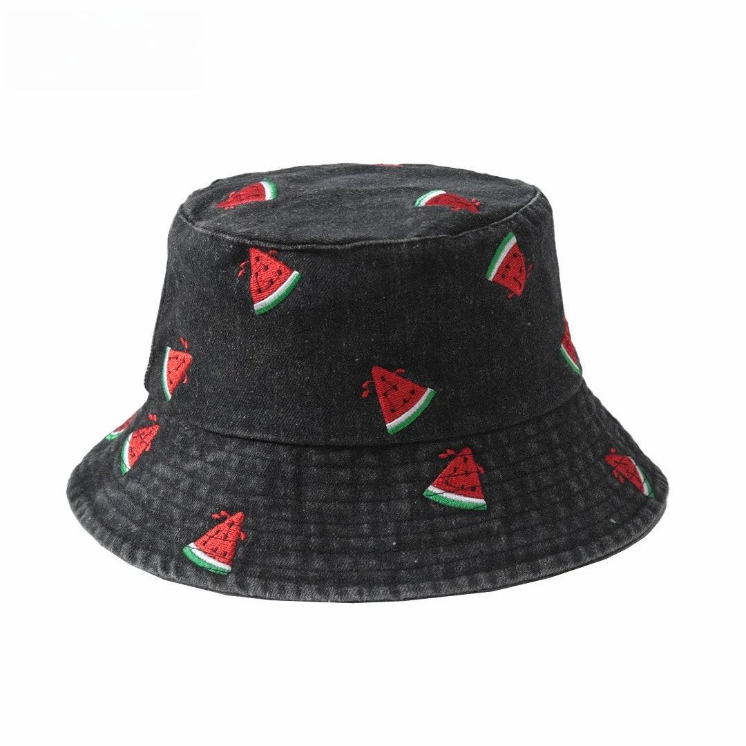 Summer Embroidery Cherry Washed Denim Bucket Hat For Women