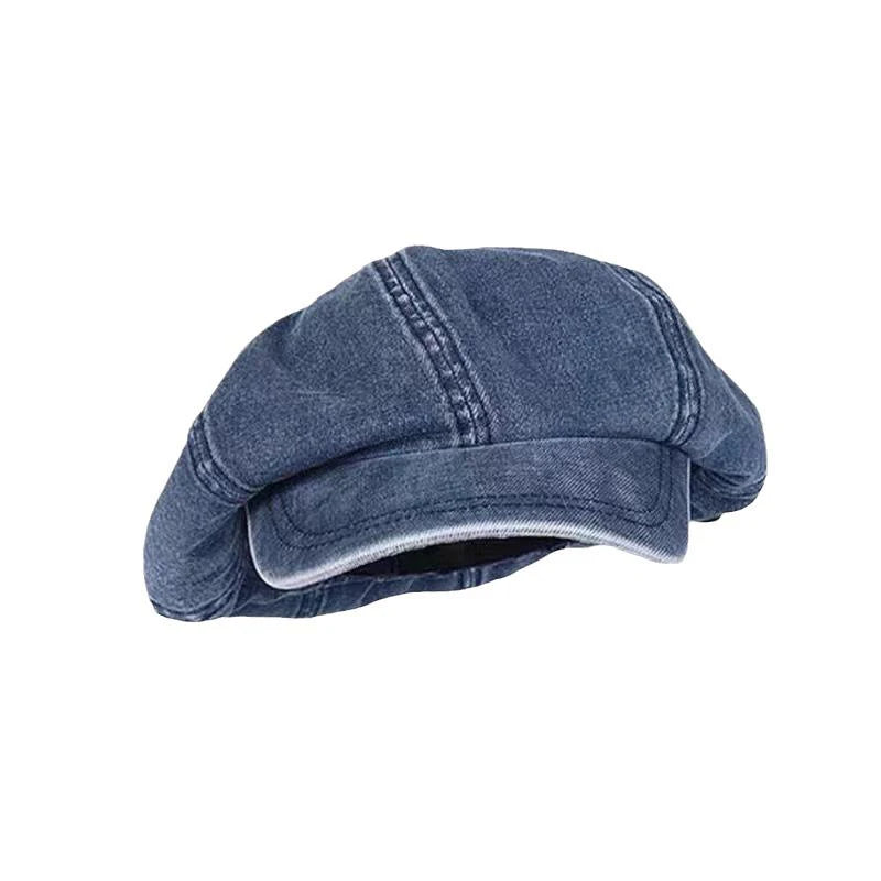 Women Retro Big Washed Cotton Denim Beret Head Painter Hat