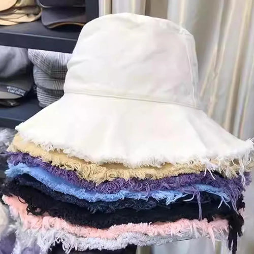 Frayed Edge Bucket Hat Japanese Style Solid Color Denim Fisherman Hat Women's