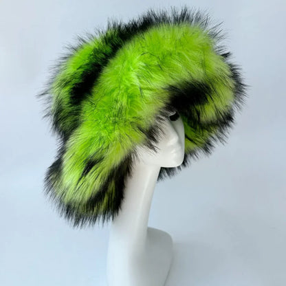 Luxury Fluffy Women Faux Fur Bucket Hats Oversized 17cm Wide Brim