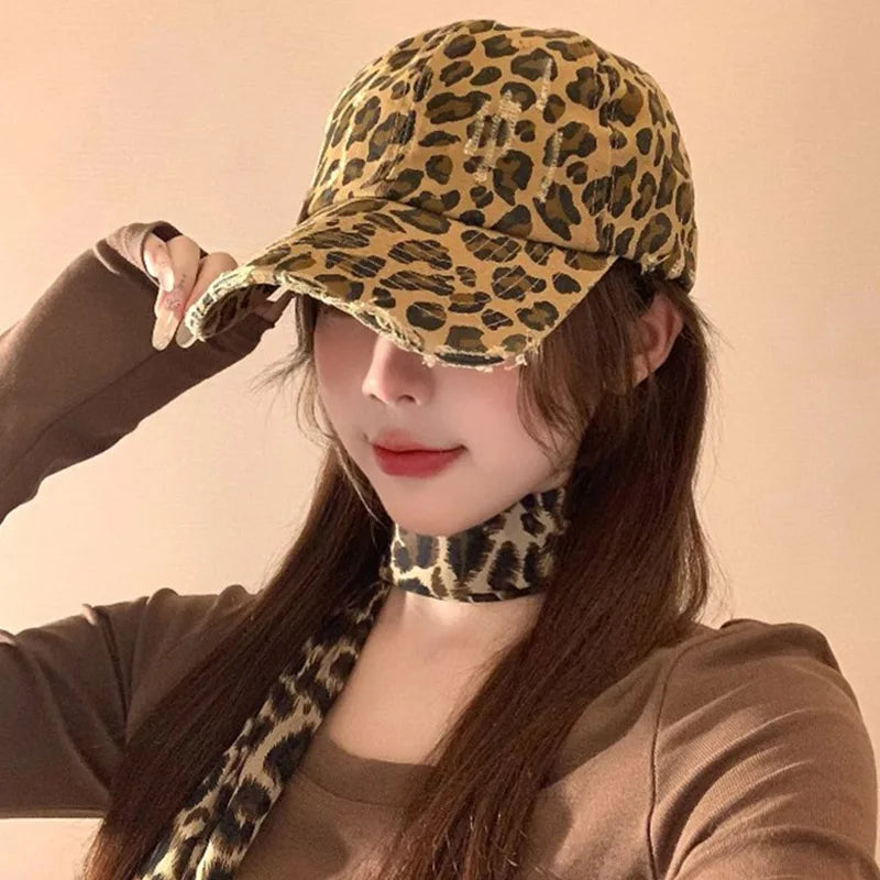 Women Leopard Baseball Cap Vintage Hip Hop Holes Snapback Duckbill Hats
