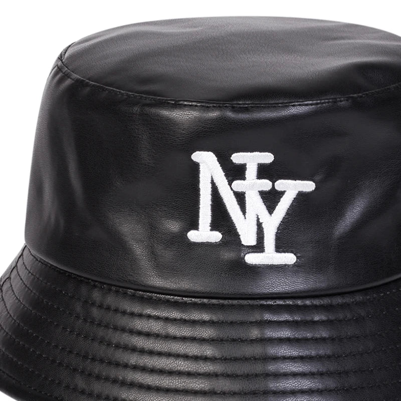 Unisex NY PU Leather Panama Fisherman Hat for Men Women Bucket Hat