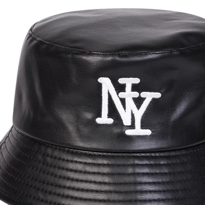 Unisex NY PU Leather Panama Fisherman Hat for Men Women Bucket Hat