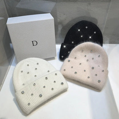 Luxury Rhinestone Beads Knitted Hat Korean Women